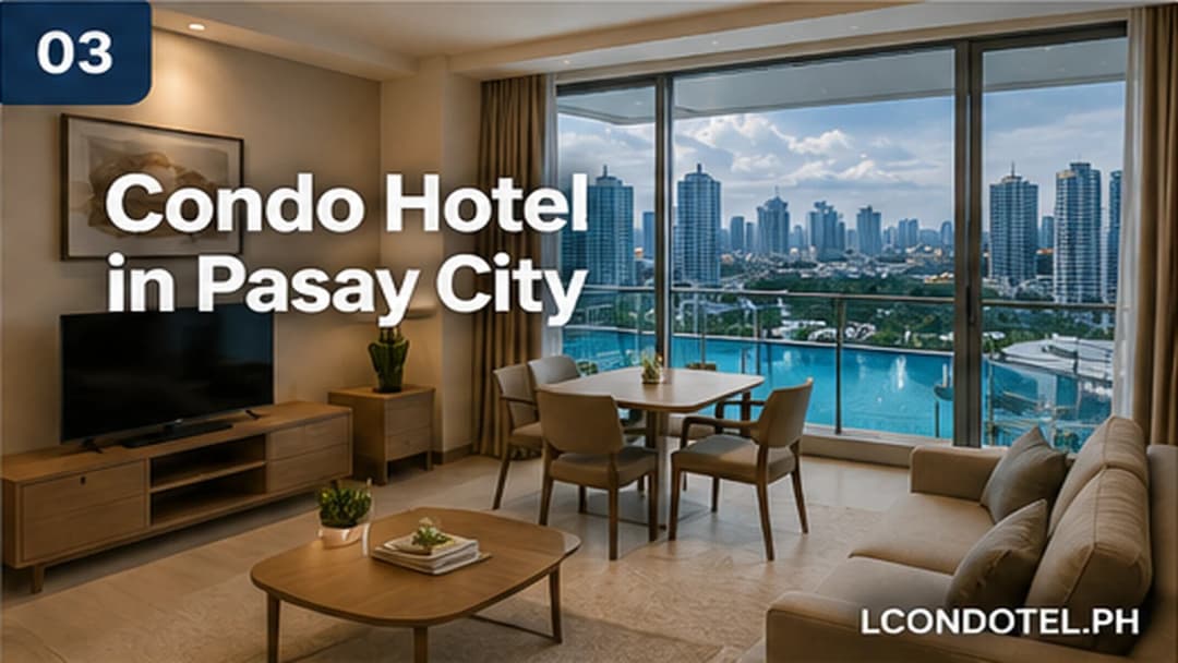 Modern condo hotel interior with Pasay City skyline