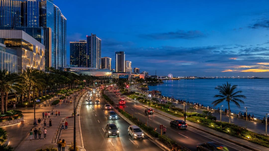 Entertainment City skyline and public Manila Bay boulevard at blue hour