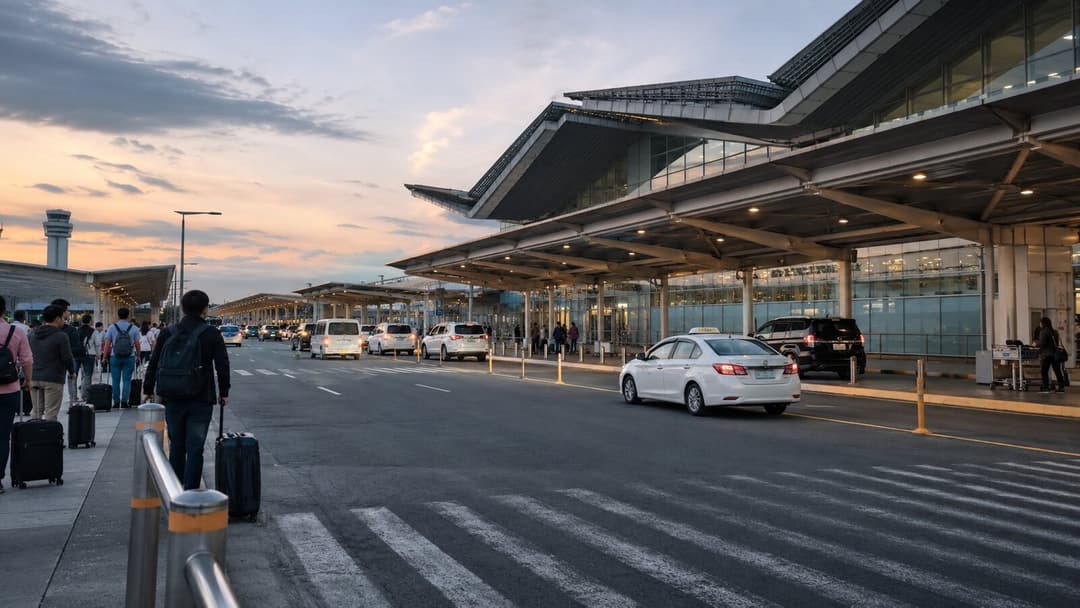 Travelers with luggage arriving at an airport terminal in Metro Manila at dawn