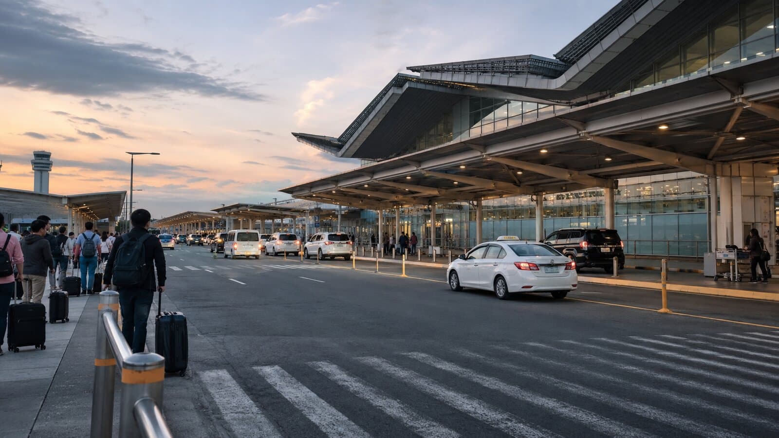 Travelers with luggage arriving at an airport terminal in Metro Manila at dawn