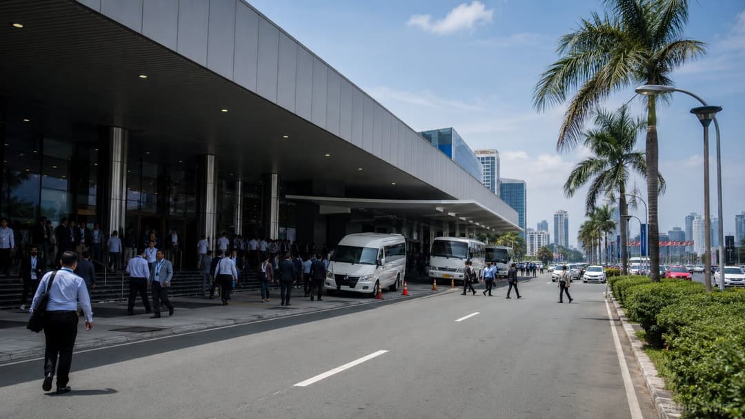 Business visitors arriving at an exhibition venue in Pasay