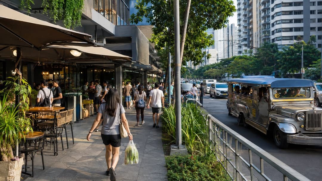 Daily street life with cafes, pedestrians and public transport in urban Pasay