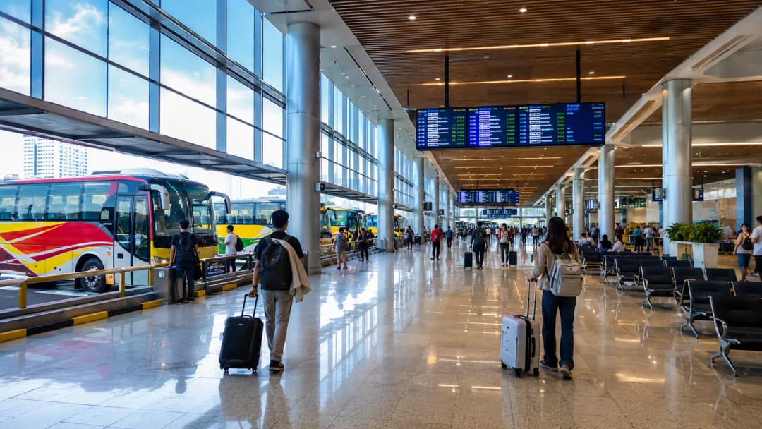 Travelers with luggage inside a modern integrated bus terminal concourse