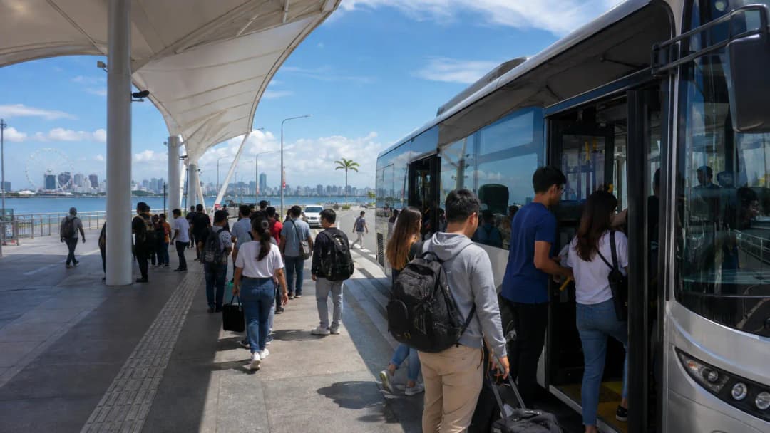Passengers boarding a city bus with the Mall of Asia district in the distance