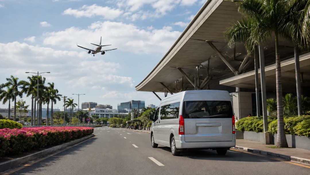 Airport shuttle leaving a bus terminal as an aircraft approaches Manila