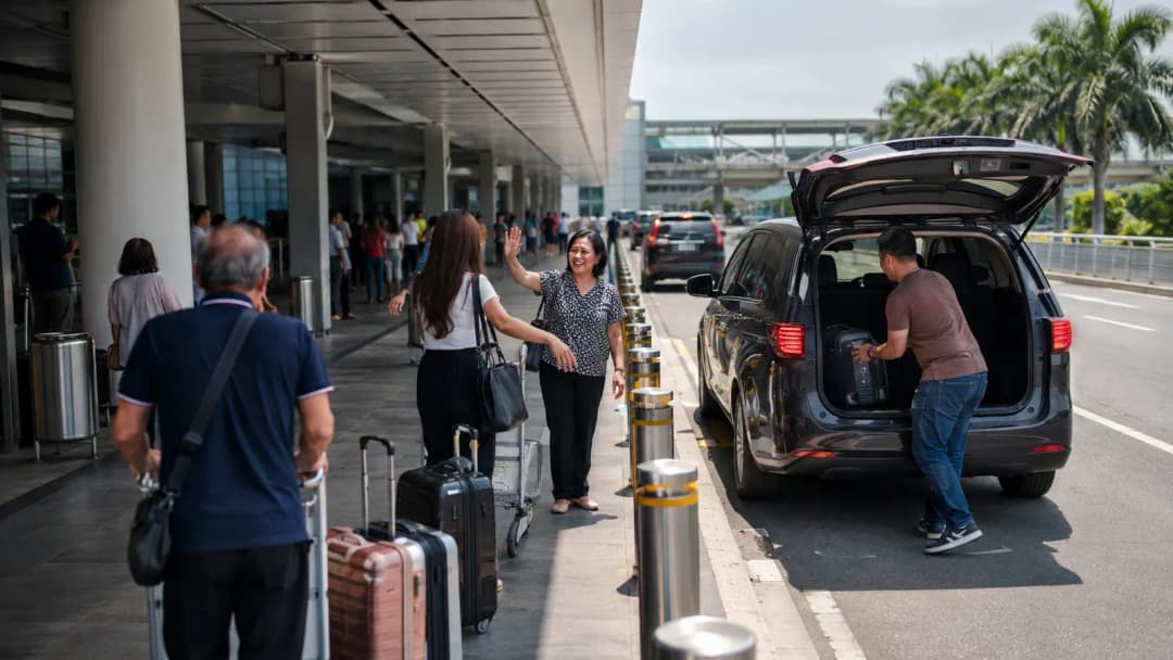 Travelers meeting family at the covered arrival curb of Manila airport Terminal 2