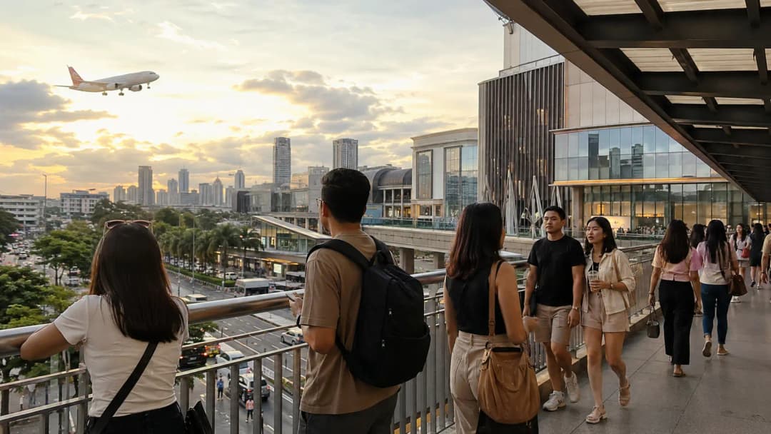 Travelers crossing a public pedestrian bridge in the Manila airport entertainment district