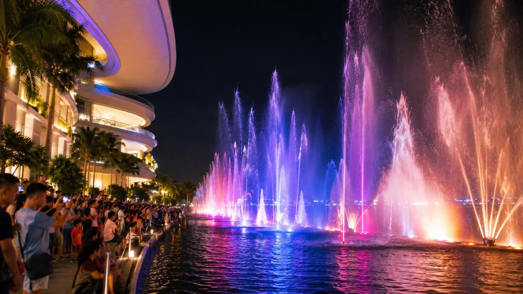 Families watching a colorful dancing fountain at a Manila Bay public plaza