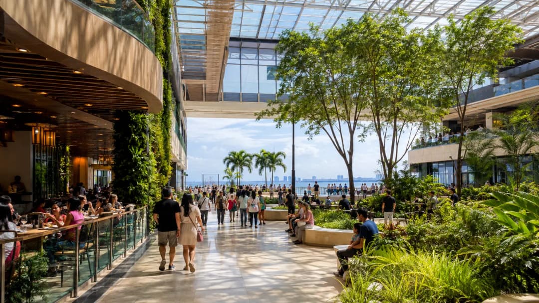 Shoppers walking through a bright landscaped mall atrium in Aseana City