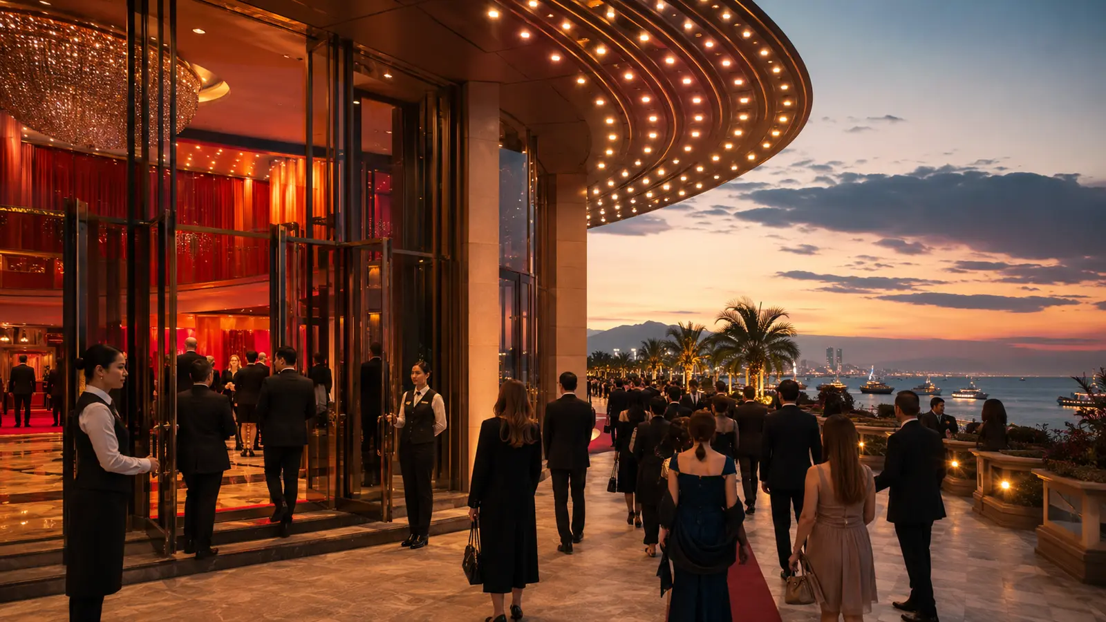 Audience arriving at an elegant Manila Bay theatre entrance before a performance