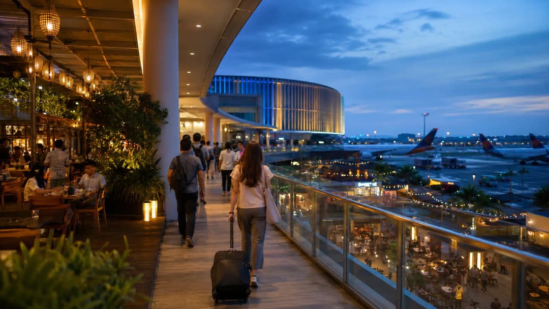 Travelers crossing a public bridge toward dining and entertainment near Manila airport