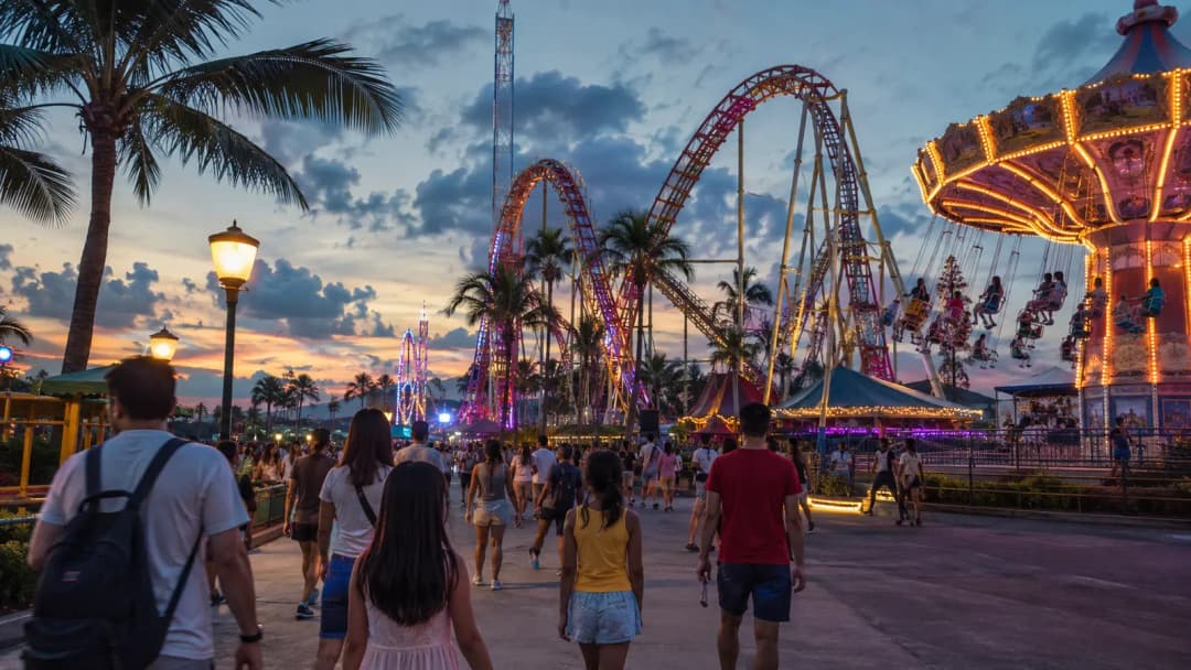 Families walking among colorful amusement rides in Pasay at twilight