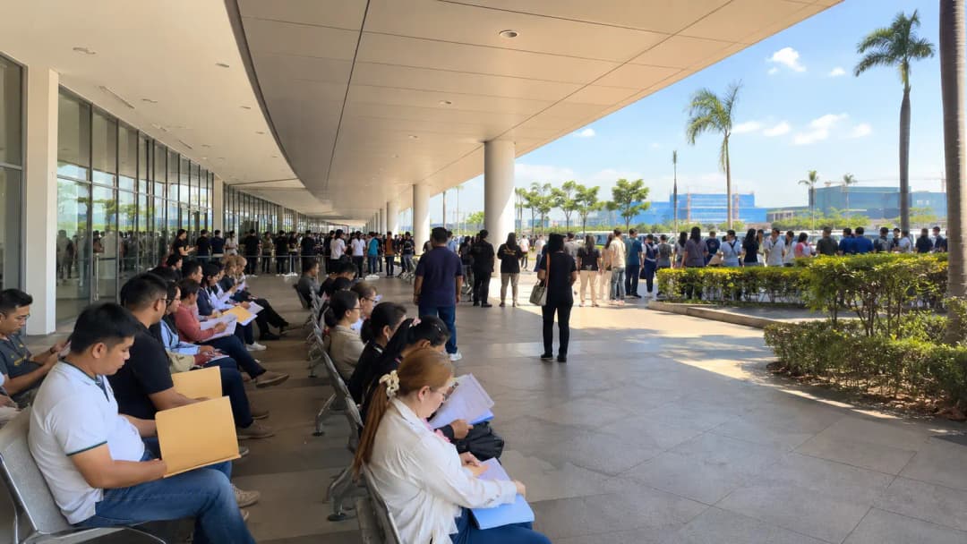 Applicants holding document folders outside a modern consular office in Aseana City