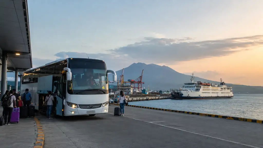 Provincial coach and passenger ferry at Batangas port during a clear early morning connection