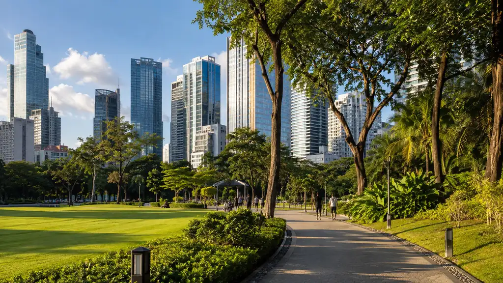 Modern Makati skyline behind a green tropical urban park and shaded walking path