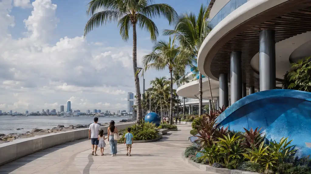 Family walking beside a modern Manila waterfront attraction with tropical landscaping and Manila Bay