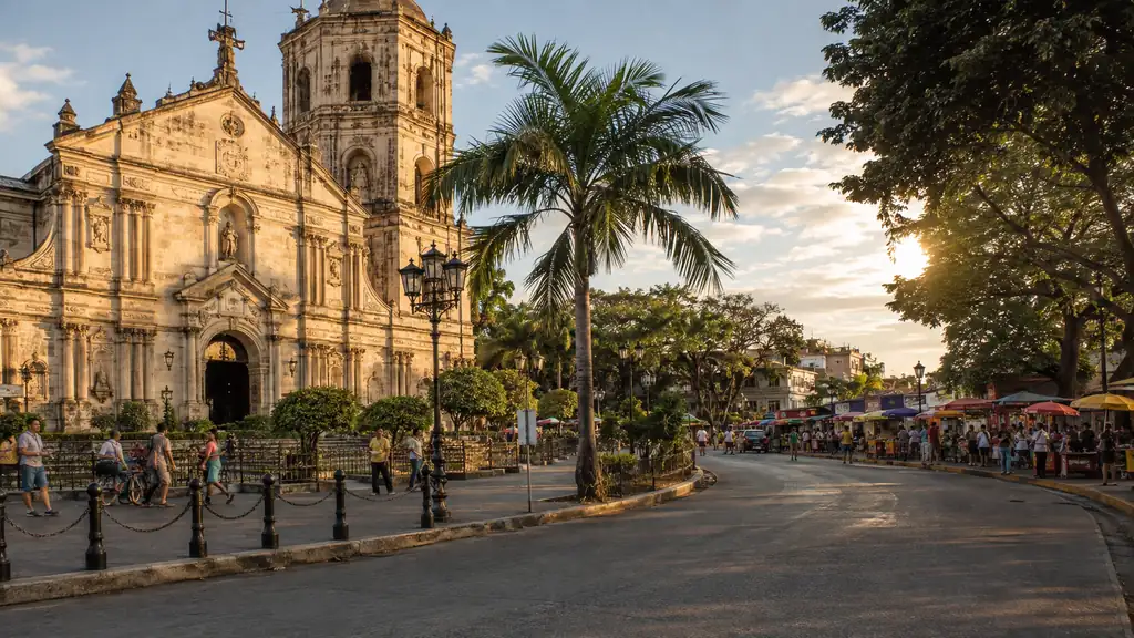 Paranaque heritage church plaza and local food stalls in warm late-afternoon tropical light